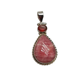 Vintage Pink Rhodochrosite Garnet Teardrop Pendant Sterling Silver Setting 7.70g